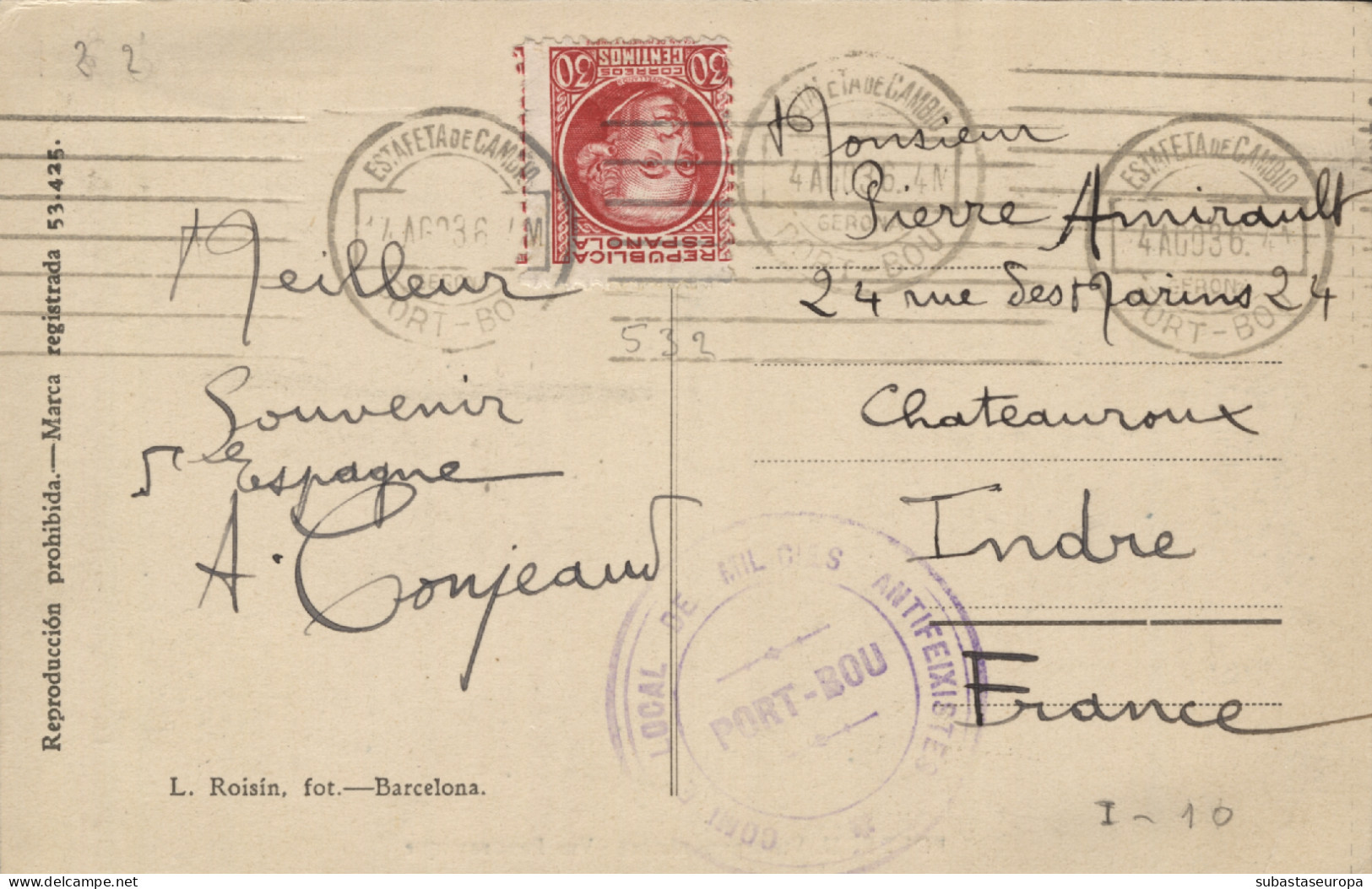 Tarjeta Postal Circulada El 4/8/36, Marca "Comité Antifeixista De Port Bou", Al Inicio De La Guerra. Rarísima. - Marques De Censures Républicaines