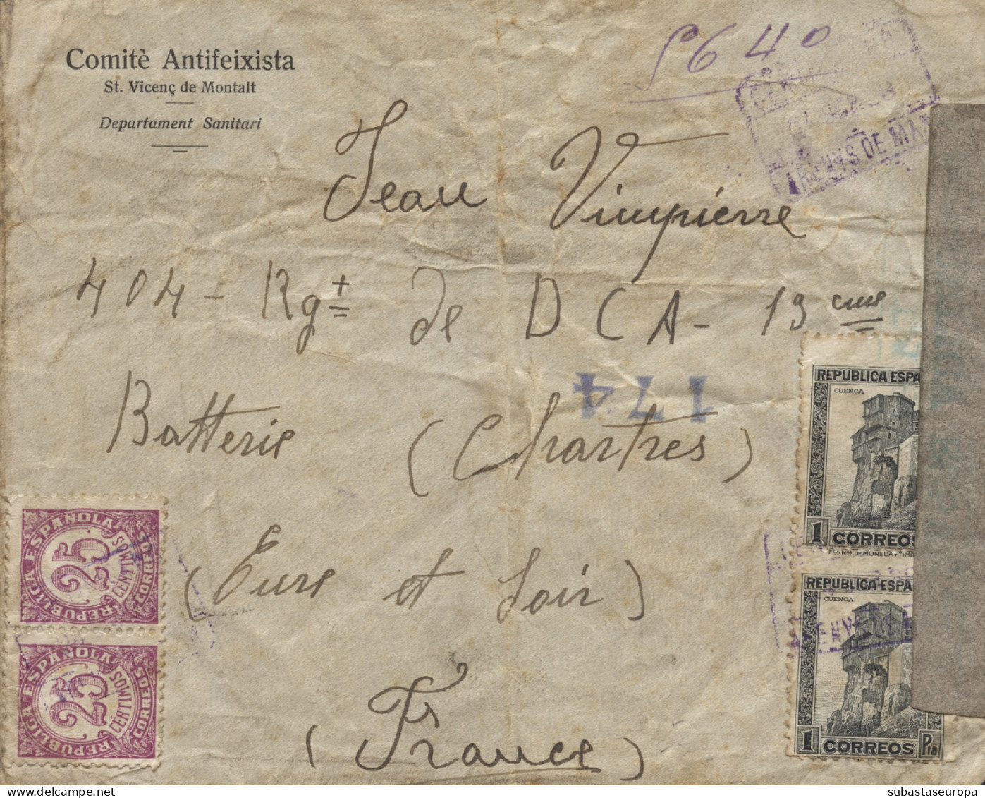 Carta Certificada Circulada De Sant Vicenç De Montalt A Francia, El Año 1938. El Sobre Lleva Membrete "Comité Antifeixis - Marcas De Censura Republicana