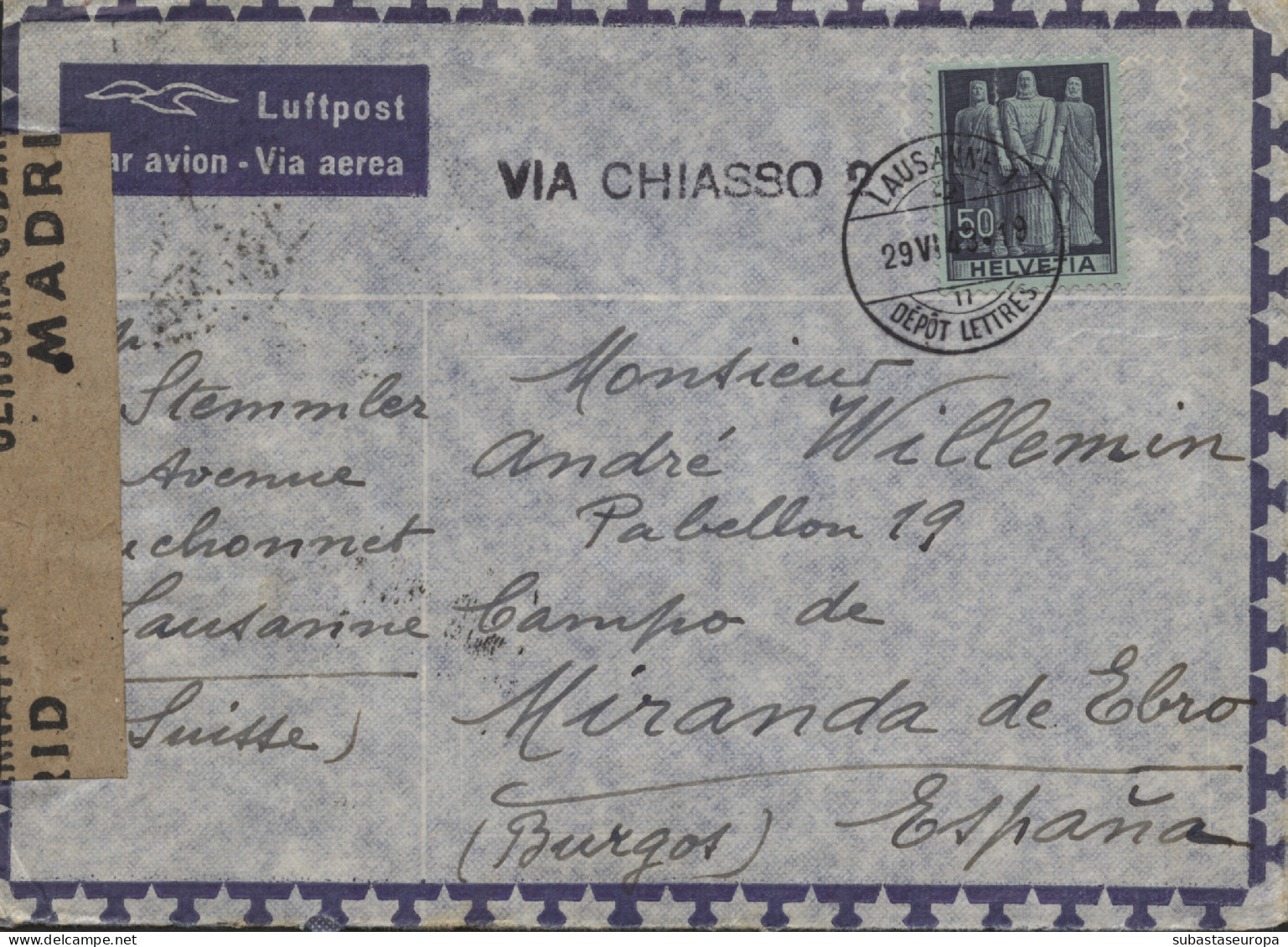 Carta Circulada Desde Suiza Al Campo De Miranda De Ebro. Año 1943. Rara. - Republicans Censor Marks