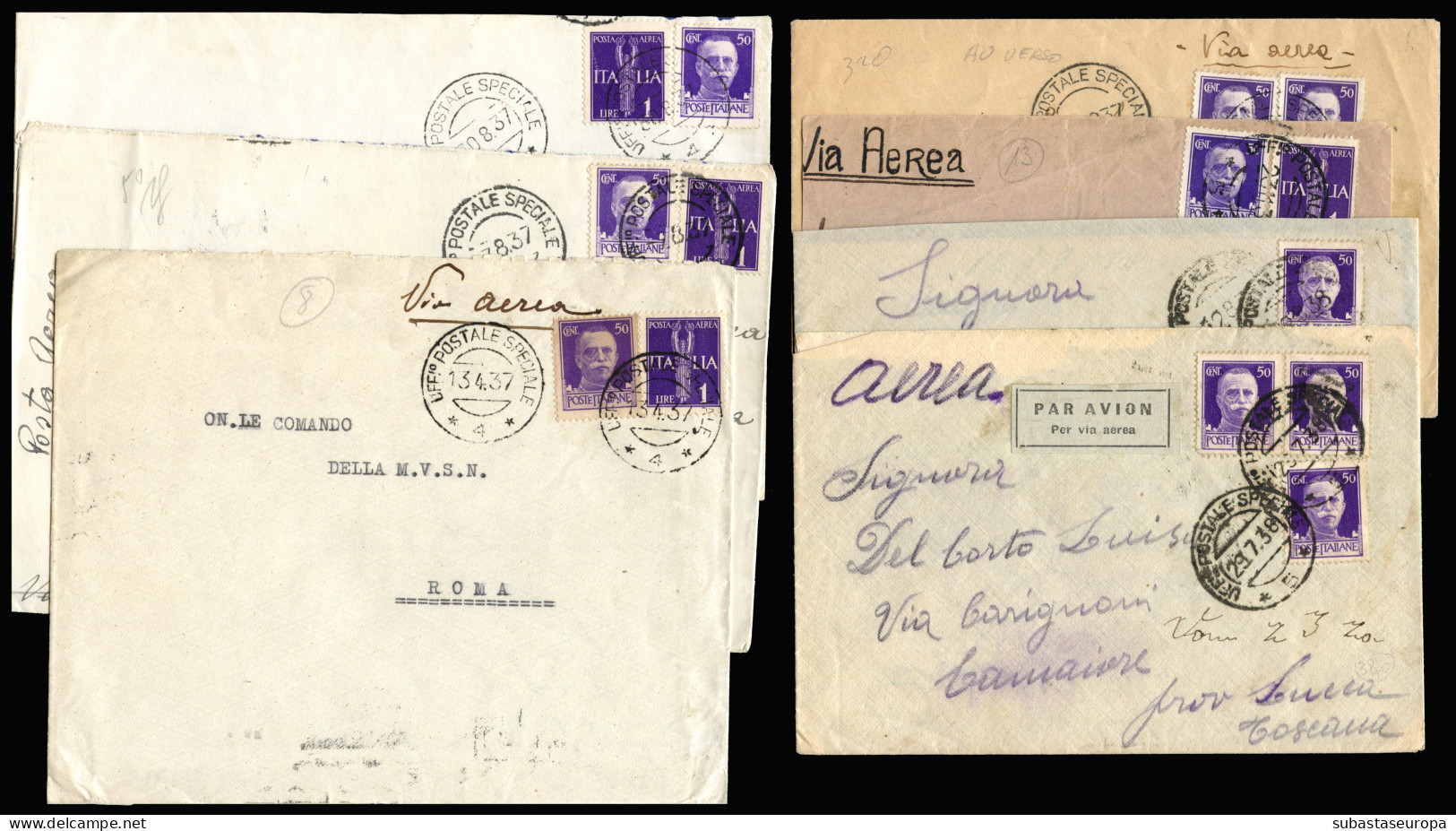 Lote De 7 Cartas Circuladas A Italia. Mat. "UFFIC. POSTALES SPECIALE 4 Y 5". Raras. - Republicans Censor Marks