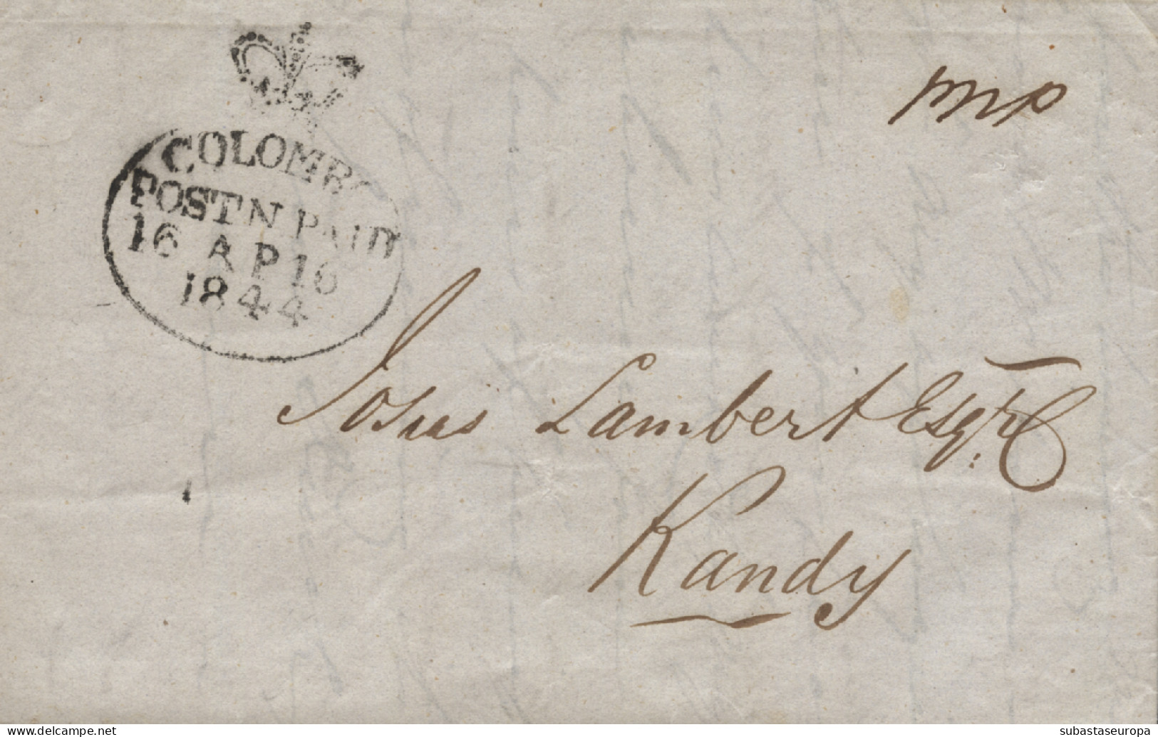 CEYLAN (SRI LANKA). 1844. Carta De Colombo A Kandy. Rara. - Ceilán (...-1947)