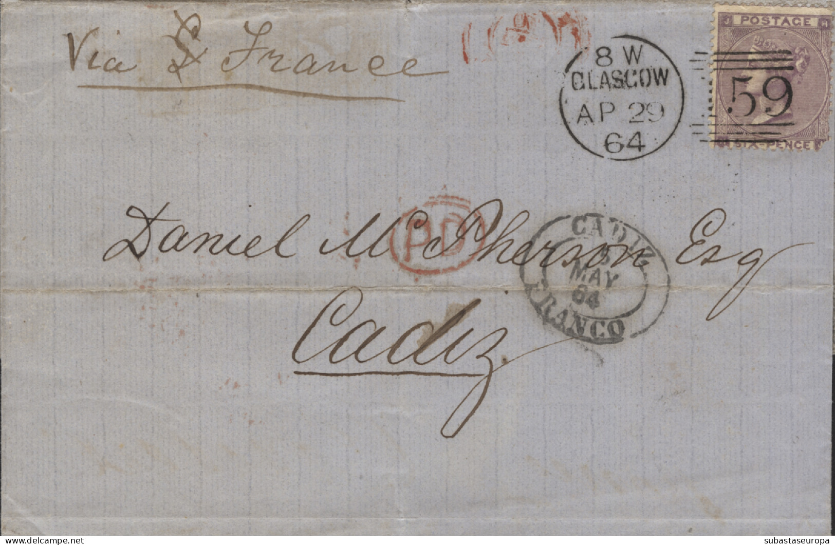 GRAN BRETAÑA. 1864. Carta Circulada De Glasgow A Cádiz. En Anverso Marca Oval De Llegada En Negro "CADIZ / FRANCO / 5/ M - Lettres & Documents