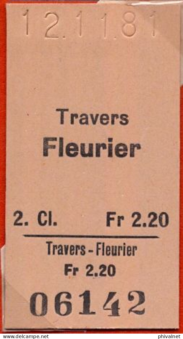 12/11/81 , TRAVERS - FLEURIER , TICKET DE FERROCARRIL , TREN , TRAIN , RAILWAYS - Europe