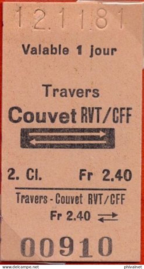 12/11/81 , TRAVERS - COUVET , TICKET DE FERROCARRIL , TREN , TRAIN , RAILWAYS - Europa