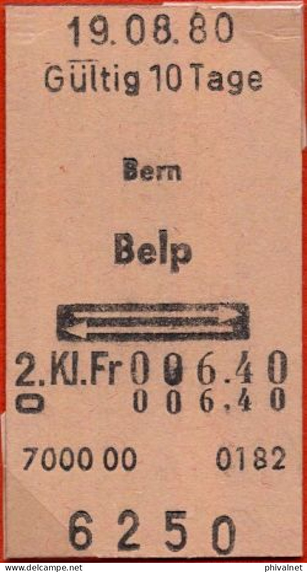 19/08/80 , BERN - BELP , TICKET DE FERROCARRIL , TREN , TRAIN , RAILWAYS - Europa