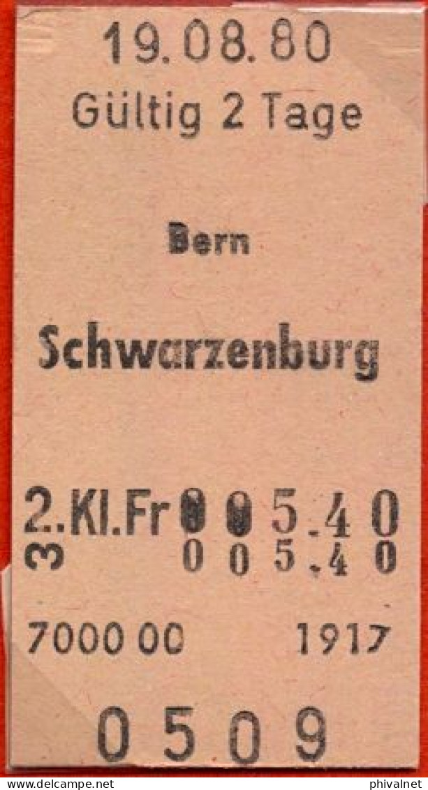 19/08/80 , BERN - SCHWARZENBURG , TICKET DE FERROCARRIL , TREN , TRAIN , RAILWAYS - Europe