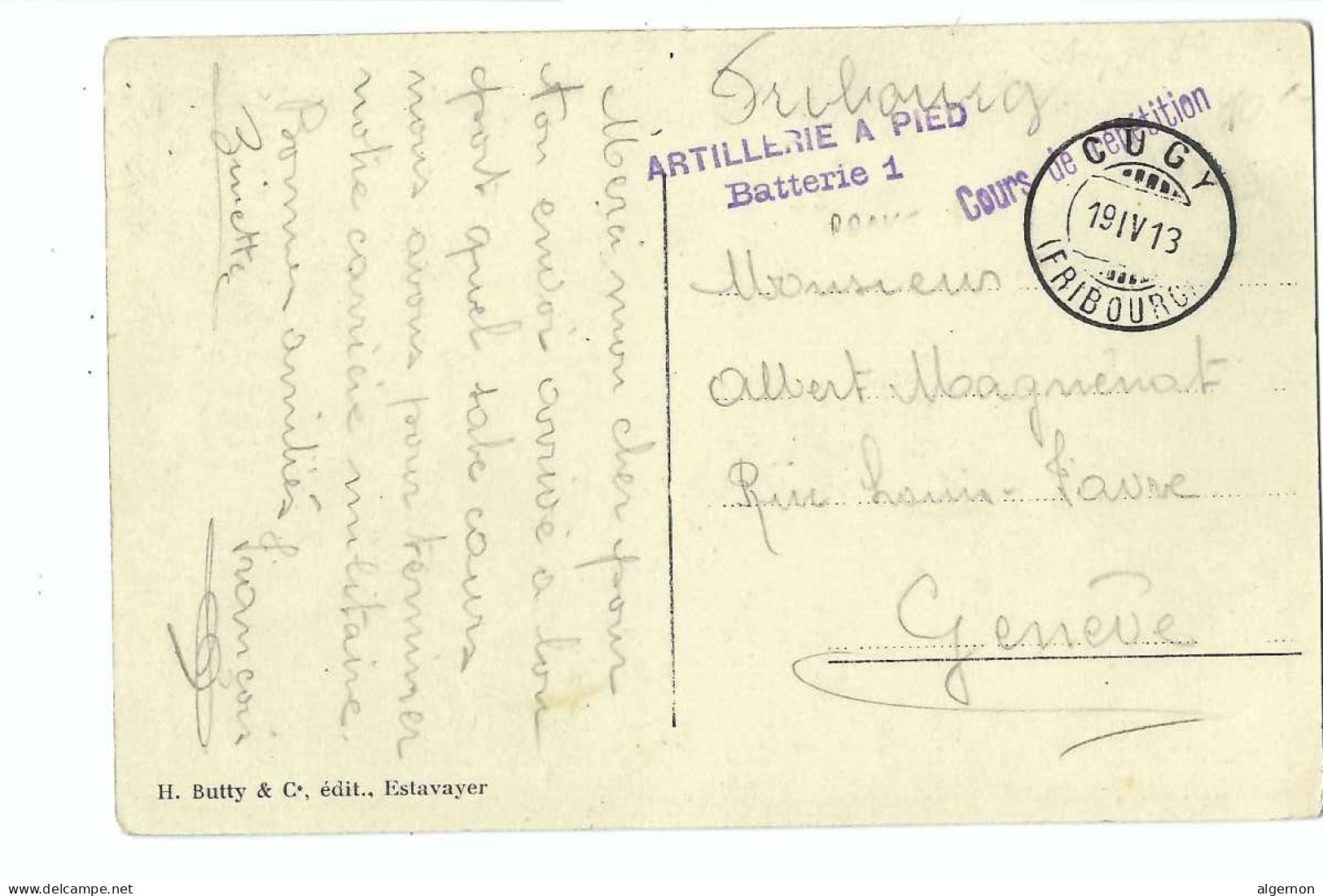 32429 -  Cugy Hôtel De L'Ange 1913 Cugy Près Payerne + Cachet Linéaire Artillerie à Pied - Autres & Non Classés