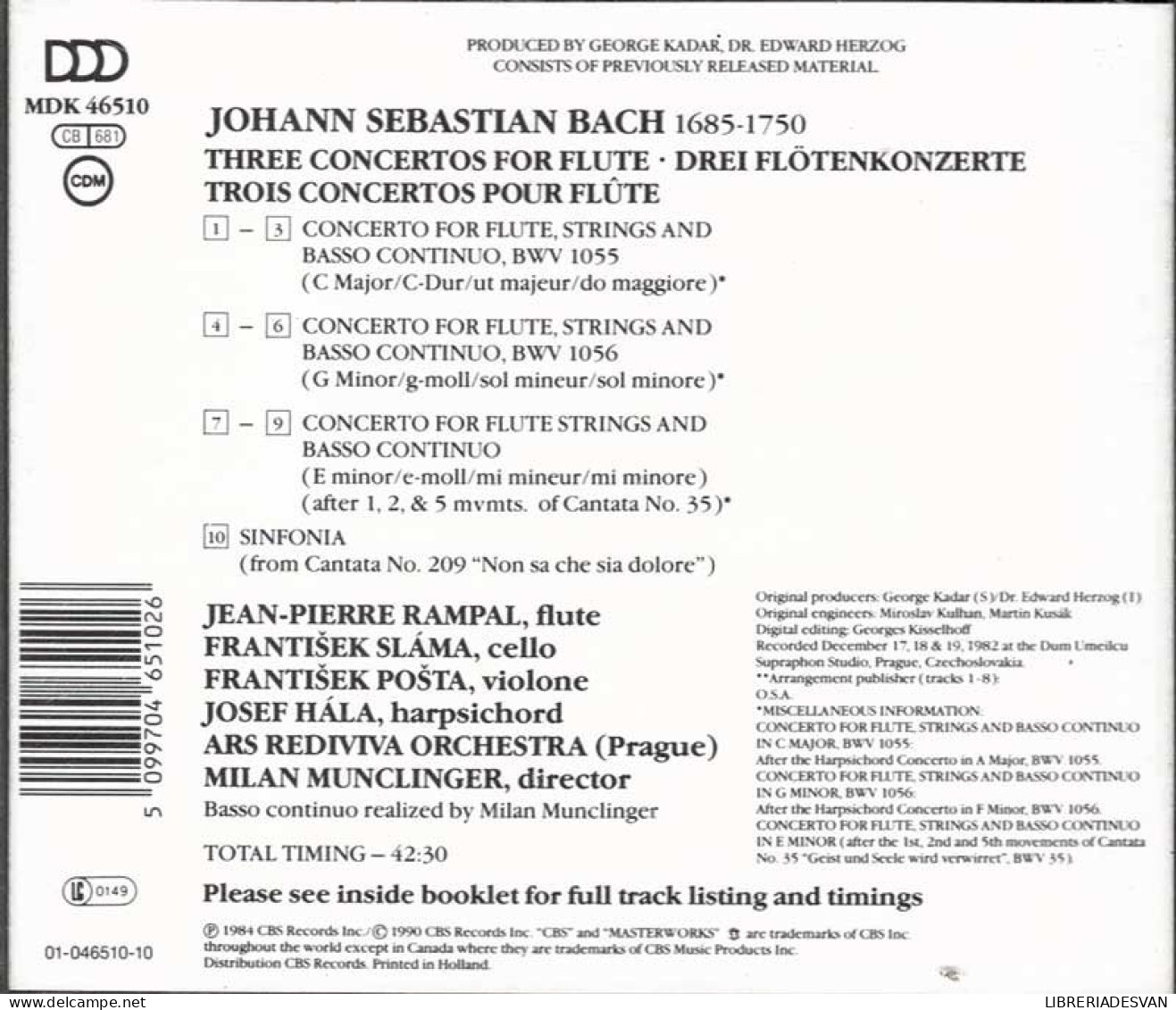 J. S. Bach. Jean-Pierre Rampal - Three Concertos For Flute. CD - Classical