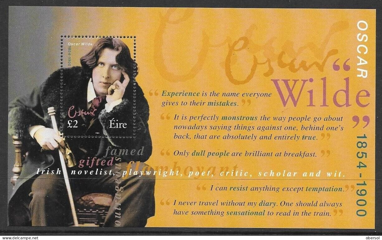 Ireland 2000 Writers, Oscar Wilde Complete Souvenir Sheet MNH - Unused Stamps