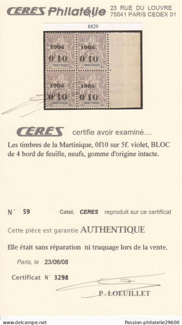 Martinique N° 59 Bloc De 4 Neuf ** Avec Certificat - Ongebruikt