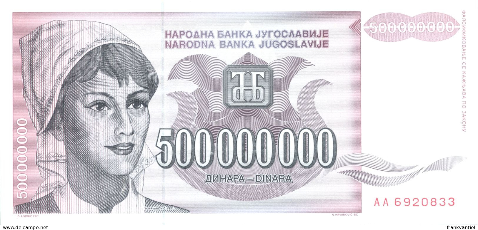 Yugoslavia P-125 500 Million Dinara 1993 UNC - Yougoslavie