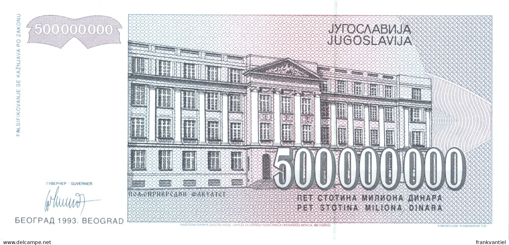 Yugoslavia P-125 500 Million Dinara 1993 UNC - Yougoslavie