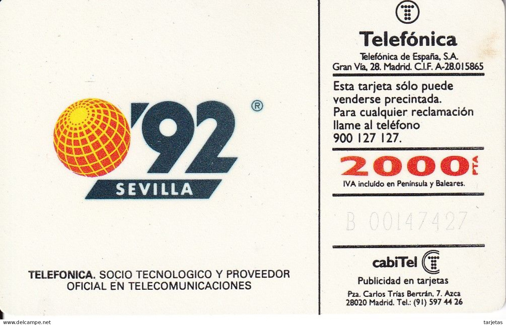 CP-002/1 (SIN LA M) TARJETA DE ESPAÑA DE LA EXPO SEVILLA 92 L. MATTOTTI - Conmemorativas Y Publicitarias