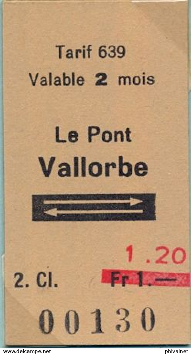 LE PONT - VALLORBE , TICKET DE FERROCARRIL , TREN , TRAIN , RAILWAYS - Europa