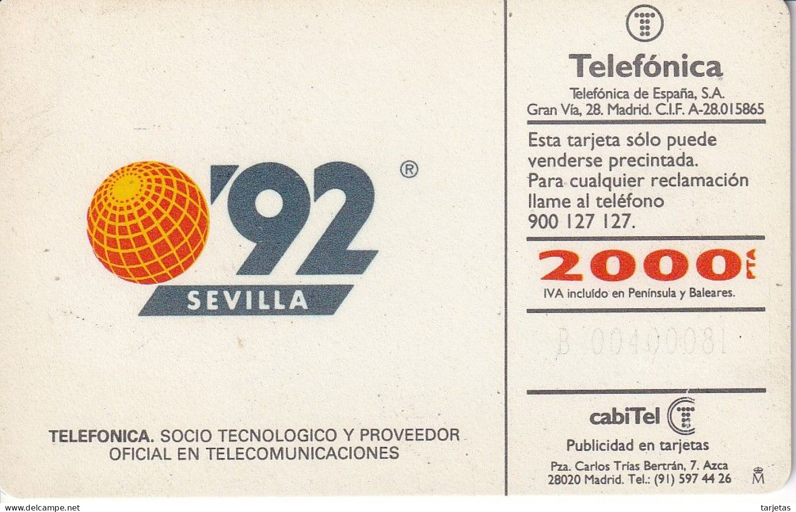 CP-003 (CON LA M) TARJETA DE ESPAÑA DE LA EXPO SEVILLA 92 - G. BILLOUT - Commémoratives Publicitaires