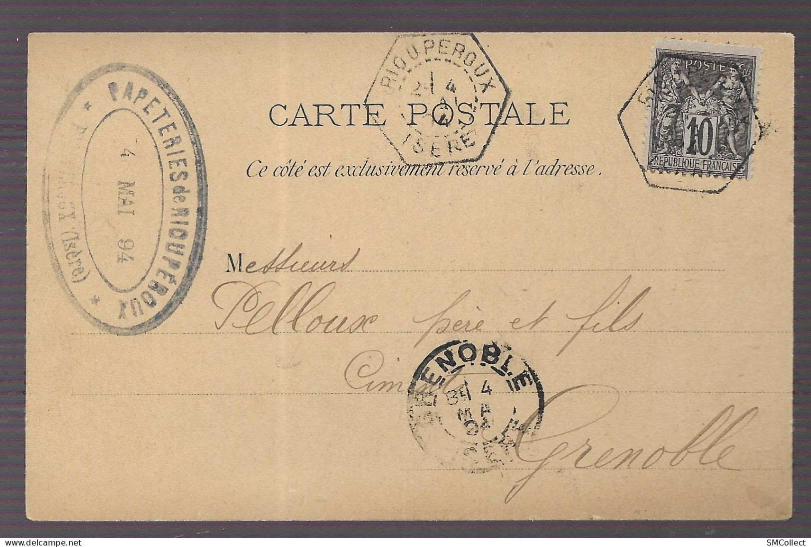 CP Des Papeteries De Rioupéroux (38) Cachet Du 4 Mai 1894, Bureau Des Recettes Auxilliares Sur Sage 10 C. Noir (A17p19) - 1877-1920: Periodo Semi Moderno