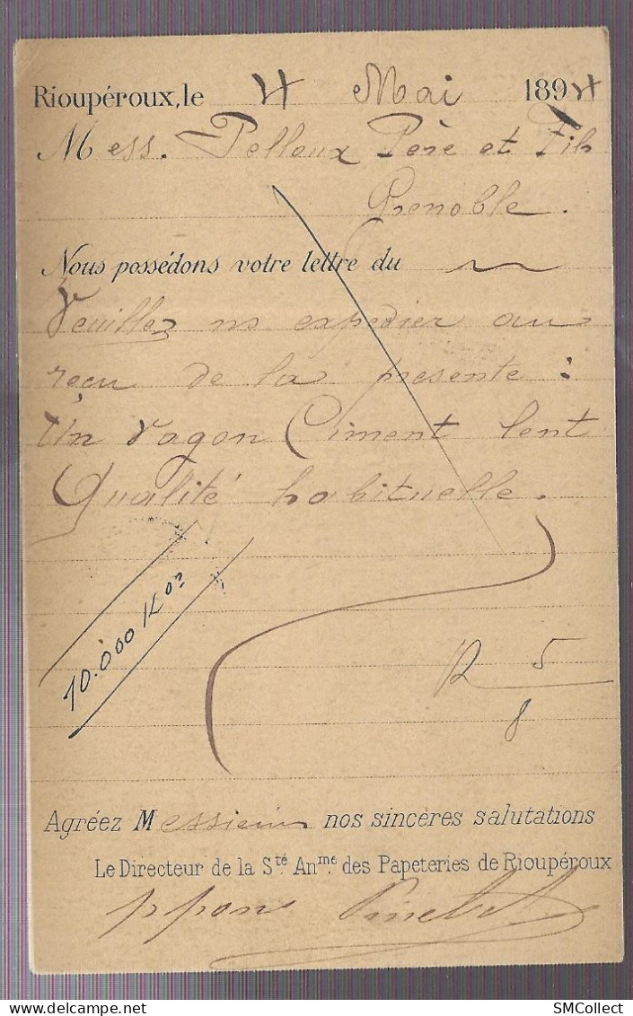 CP Des Papeteries De Rioupéroux (38) Cachet Du 4 Mai 1894, Bureau Des Recettes Auxilliares Sur Sage 10 C. Noir (A17p19) - 1877-1920: Semi-moderne Periode