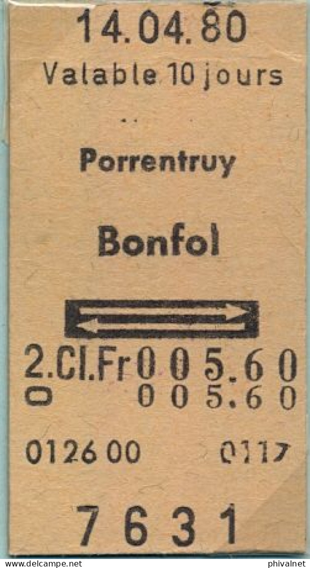 14/04/80 , PORRENTRUY - BONFOL  , TICKET DE FERROCARRIL , TREN , TRAIN , RAILWAYS - Europe