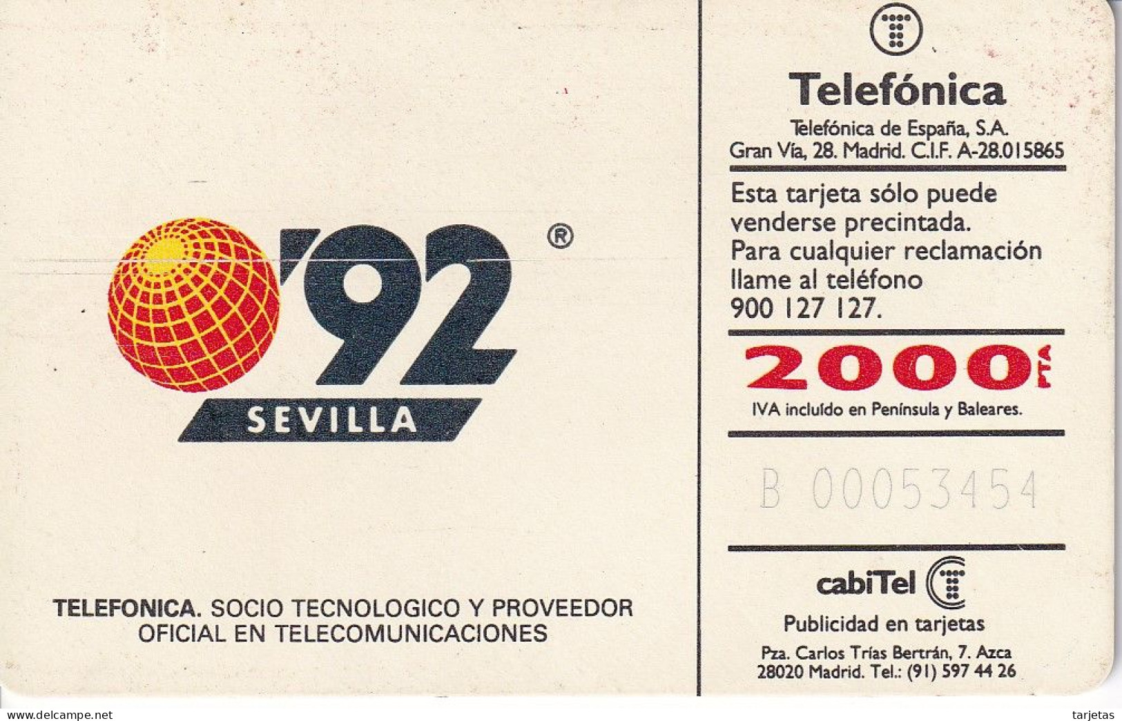 CP-003/1 (SIN LA M) TARJETA DE ESPAÑA DE LA EXPO SEVILLA 92 - G. BILLOUT - Commemorative Pubblicitarie