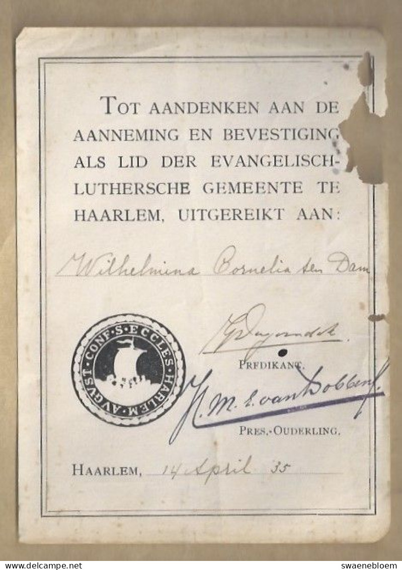 TOT AANDENKEN AAN DE AANNEMING EN BEVESTIGING ALS LID DER EVANGELISCH-LUTHERSCHE GEMEENTE TE HAARLEM. 1935. - Other & Unclassified