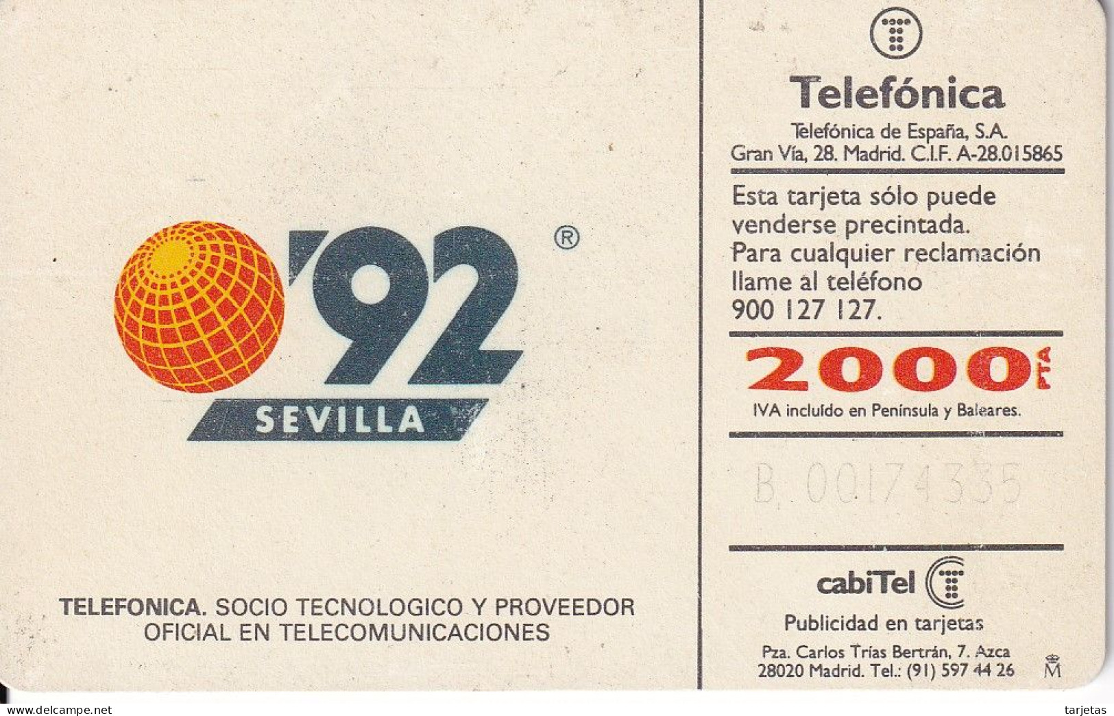 CP-004 (CON LA M) TARJETA DE ESPAÑA DE LA EXPO SEVILLA 92 - J. PEREZ ENCISO - Herdenkingsreclame