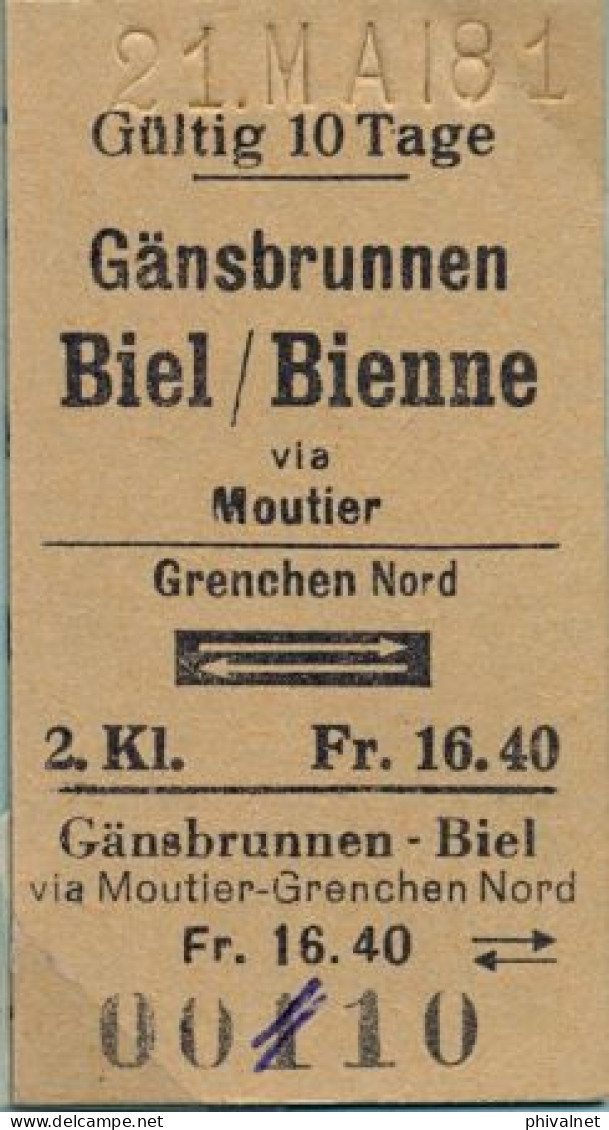 21/05/81 , GÄNSBRUNNEN , BIEL / BIENNE VIA MOUTIER, GRENCHEN NORD  , TICKET DE FERROCARRIL , TREN , TRAIN , RAILWAYS - Europa