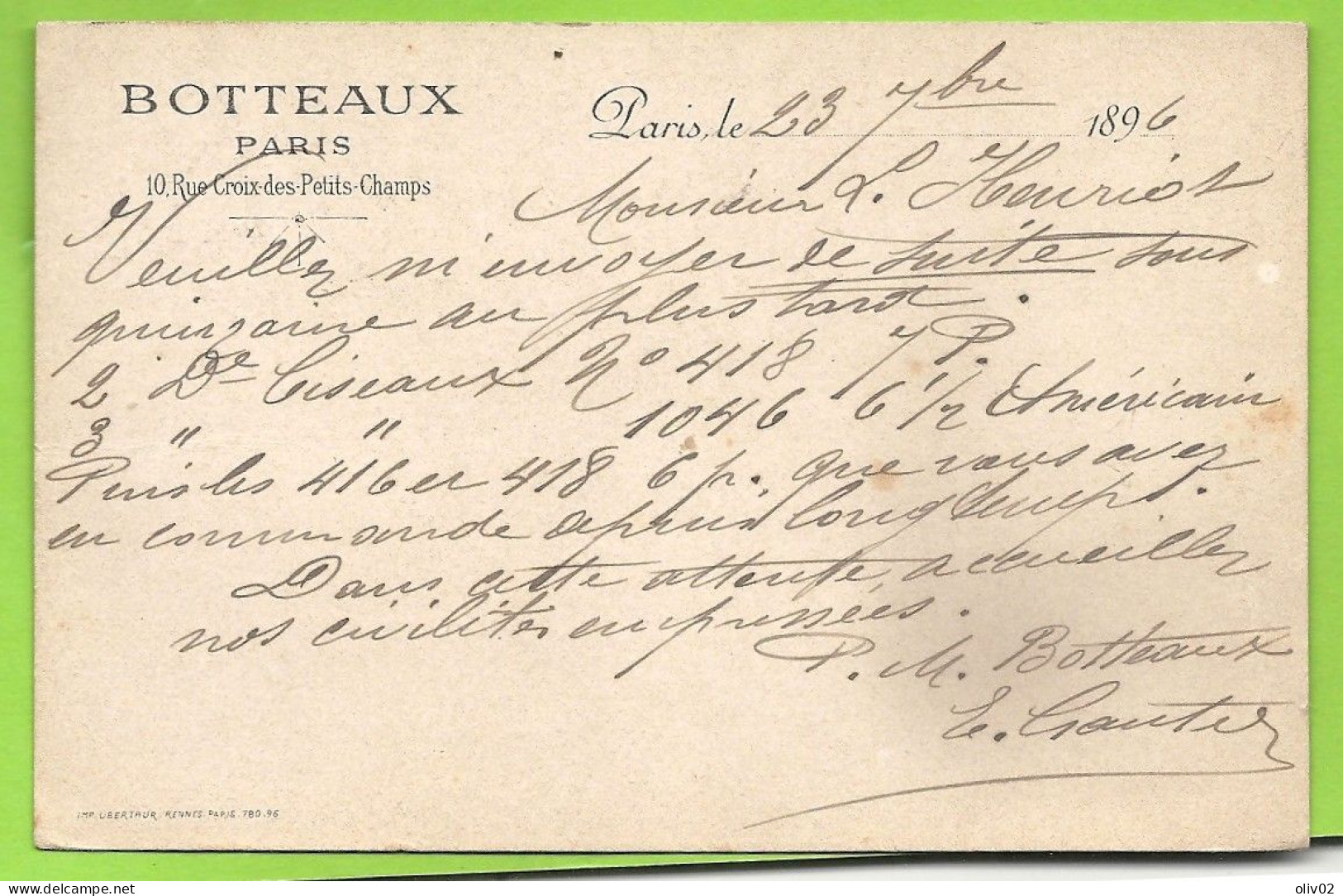 Paris ETRANGER Pour NOGENT (Haute Marne). CP Privée : BOTTEAUX, 1à Rue Croix Des Petits Champs. 1896 - 1877-1920: Semi-Moderne