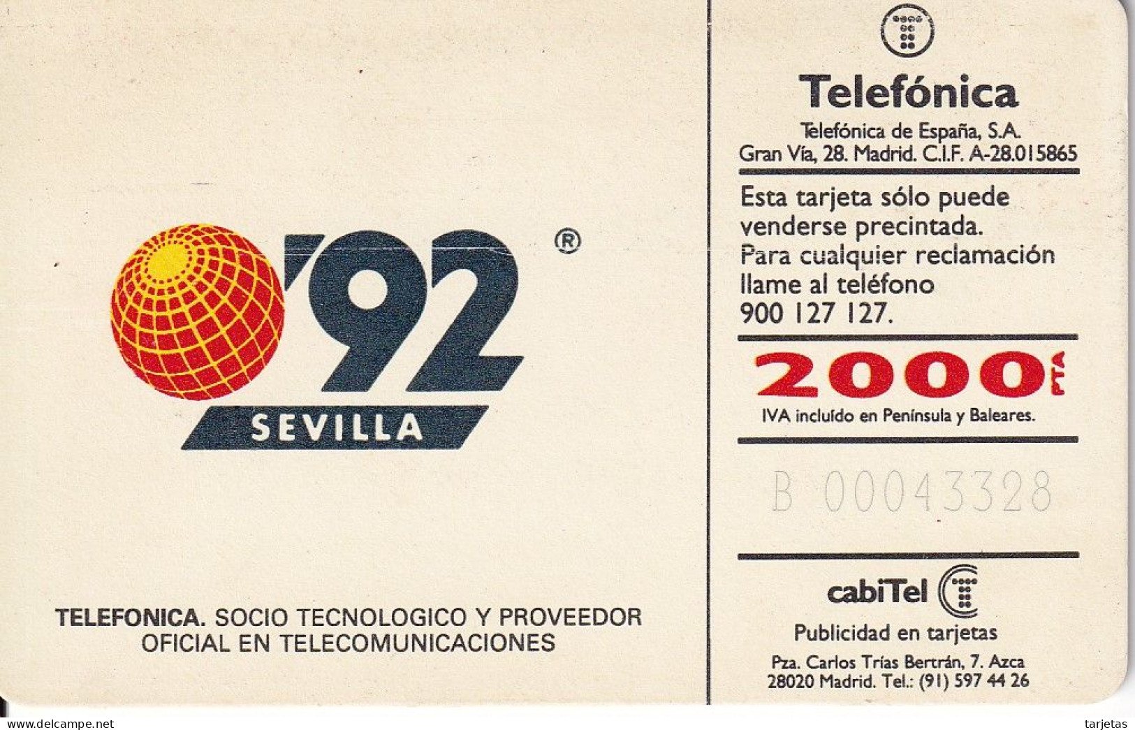 CP-004/1 (SIN LA M) TARJETA DE ESPAÑA DE LA EXPO SEVILLA 92 - J. PEREZ ENCISO - Commémoratives Publicitaires