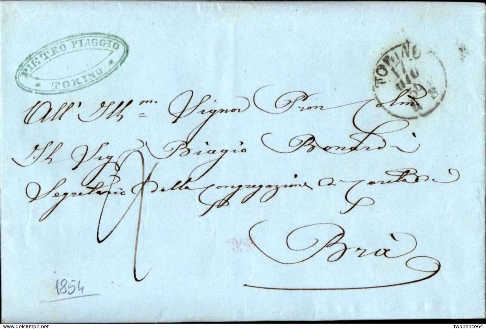 B38 - LETTERA DA TORINO A BRA' 1854 - 1. ...-1850 Prefilatelia