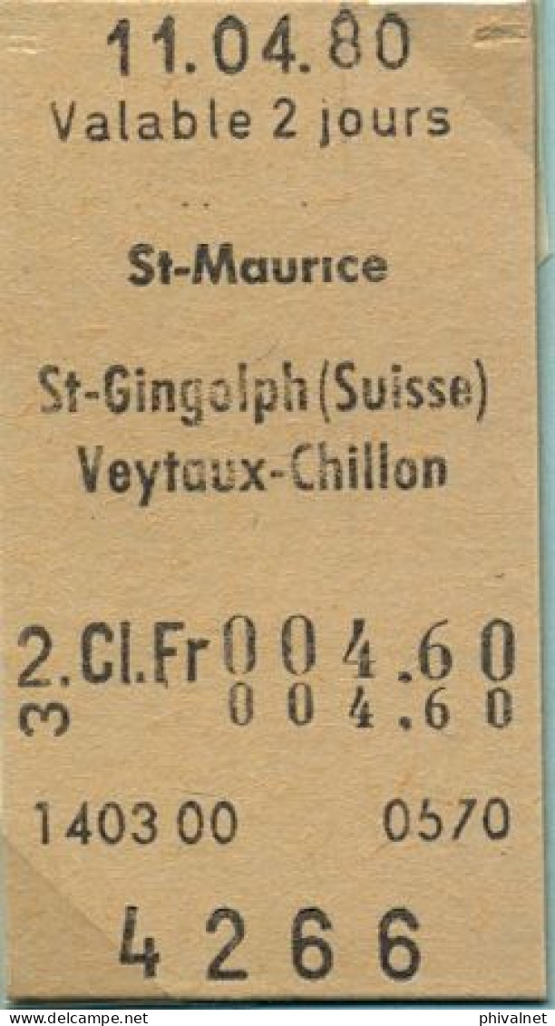 11/04/80 , ST- MAURICE , ST. - GINGOLPH , VEYTAUX - CHILLON  , TICKET DE FERROCARRIL , TREN , TRAIN , RAILWAYS - Europe