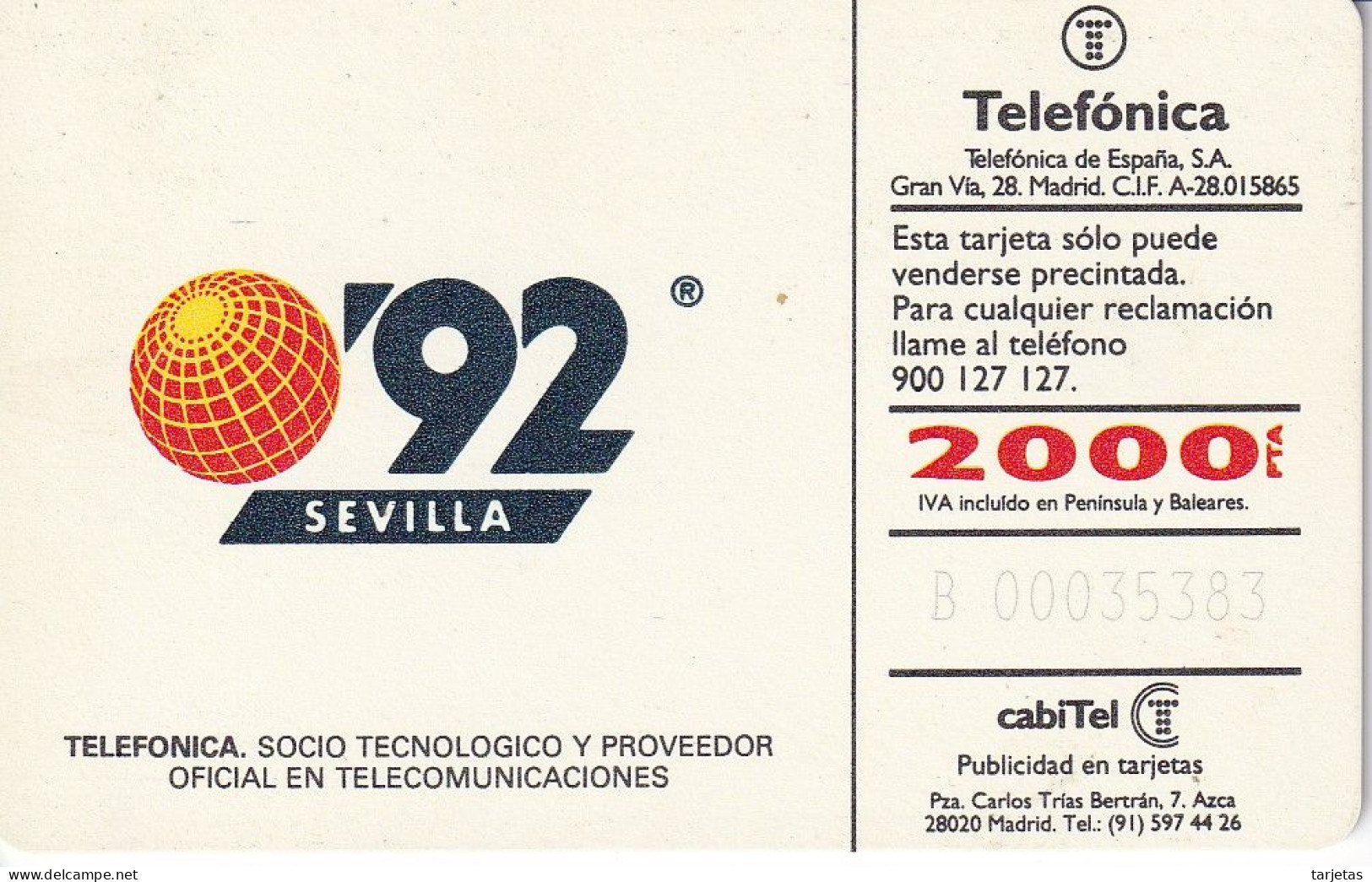 CP-005/1 (SIN LA M) TARJETA DE ESPAÑA DE LA EXPO SEVILLA 92 - J. M. FOLON - Conmemorativas Y Publicitarias