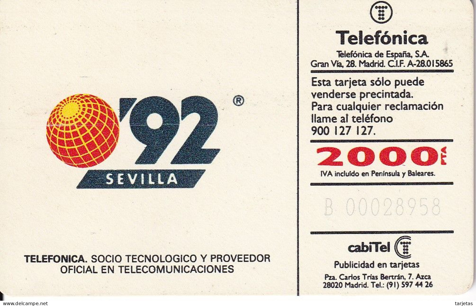 CP-006/1 (SIN LA M) TARJETA DE ESPAÑA DE LA EXPO SEVILLA 92 - A. GONZALEZ - Conmemorativas Y Publicitarias