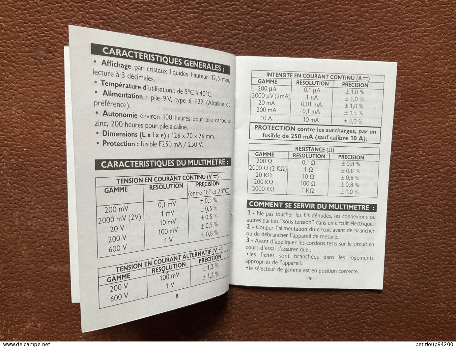 539 DOCUMENT Commercial  MULTIMÈTRE DIGITAL Manuel D’Utilisation TYPE: M 830 B - Landwirtschaft