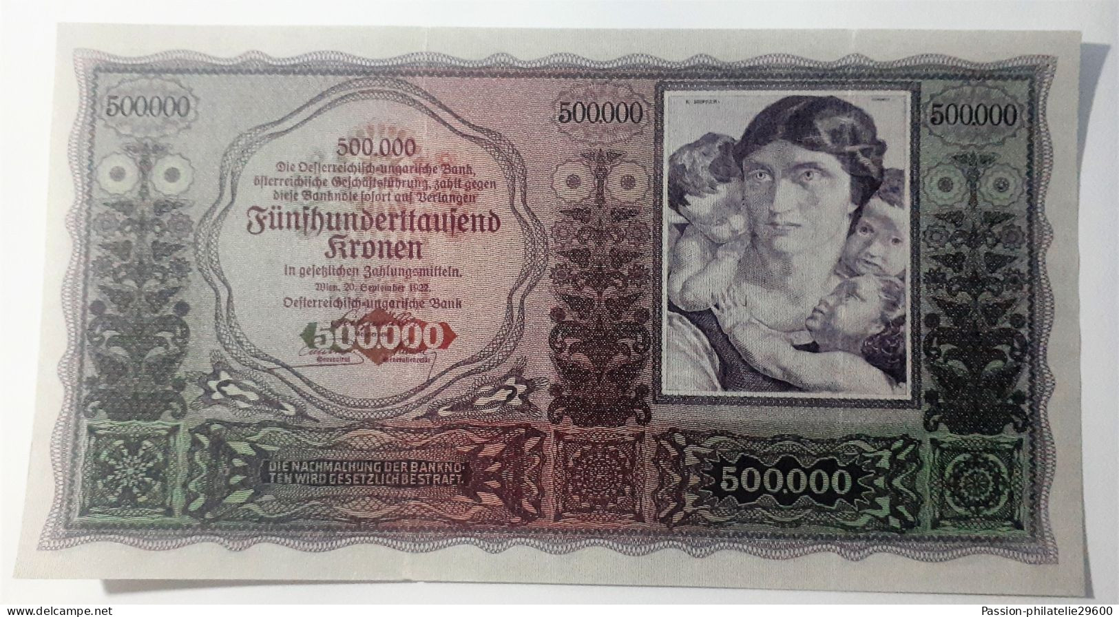 HERVORRAGEND ERHALTENE RARE UND SCHÖNE BANKNOTE ZU 500000 Kr 1922 KM#84 - Autriche