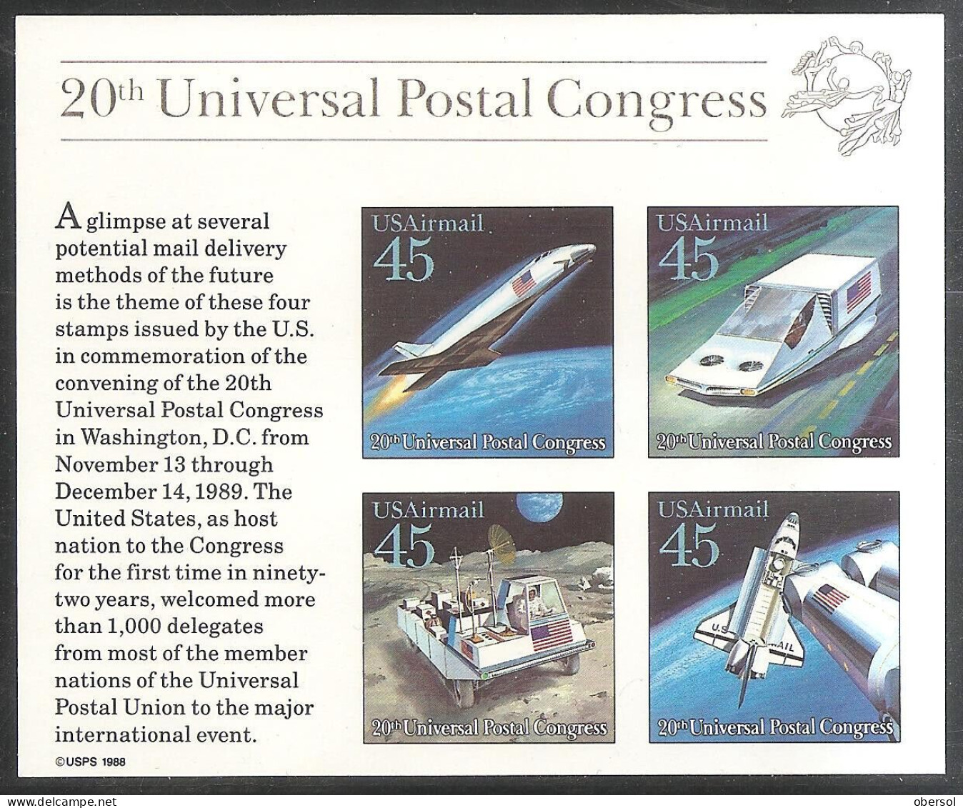 United States 20th Universal Postal Congress 1989 Space, Souvenir Sheet 45c MNH - Ongebruikt