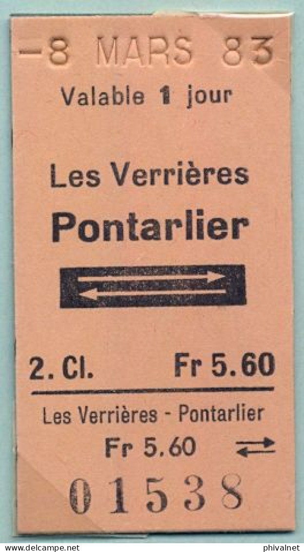 08/03/83 , LES VERRIÉRES - PONTARLIER , TICKET DE FERROCARRIL , TREN , TRAIN , RAILWAYS - Europa