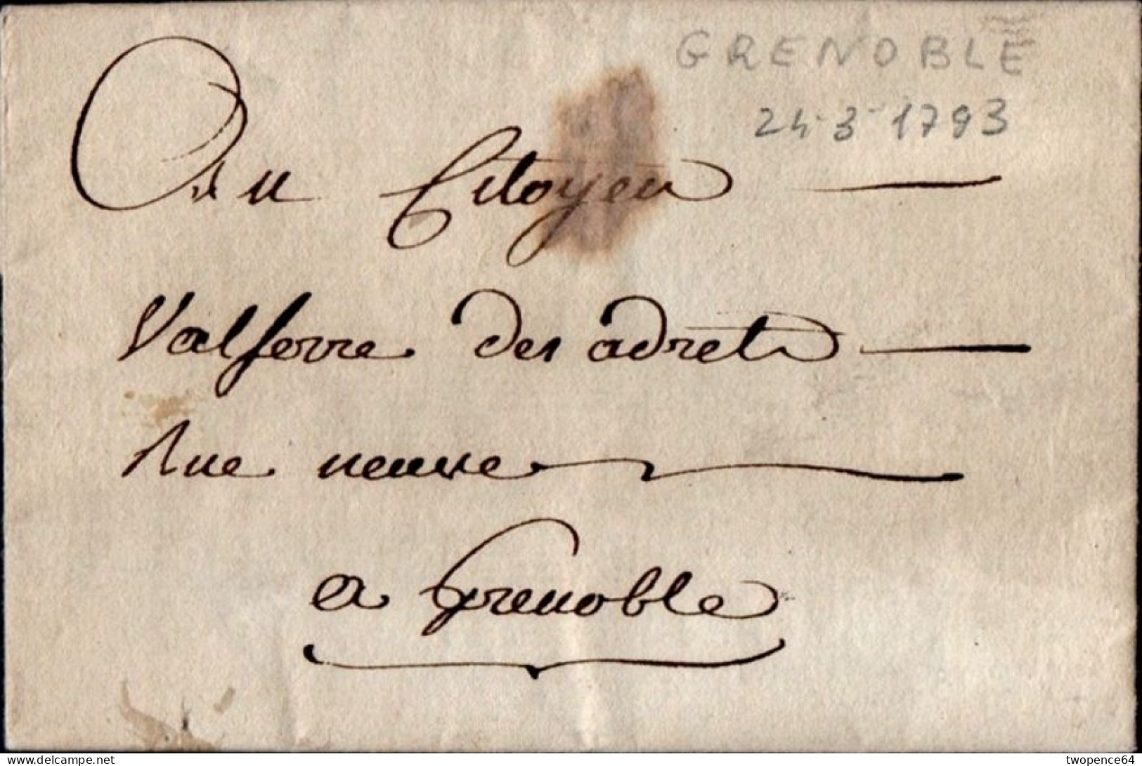 B40 - FRANCIA - LETTERA PREFILATELICA PER GRENPBLE 1793 - RIVOLUZIONE FRANCESE - 1. ...-1850 Prefilatelia