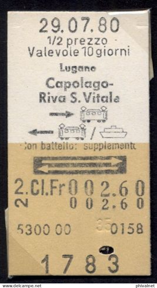 29/07/80 , LUGANO , CAPOLAGO - RIVA S. VITALE , TICKET DE FERROCARRIL , TREN , TRAIN , RAILWAYS - Europa