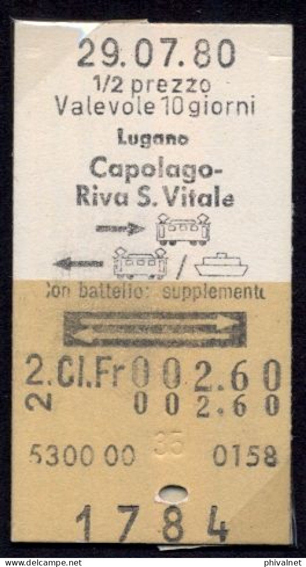 29/07/80 , LUGANO , CAPOLAGO - RIVA S. VITALE , TICKET DE FERROCARRIL , TREN , TRAIN , RAILWAYS - Europa