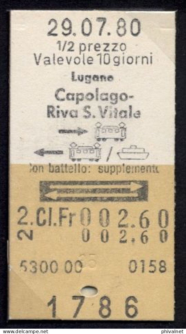 29/07/80 , LUGANO , CAPOLAGO - RIVA S. VITALE , TICKET DE FERROCARRIL , TREN , TRAIN , RAILWAYS - Europa
