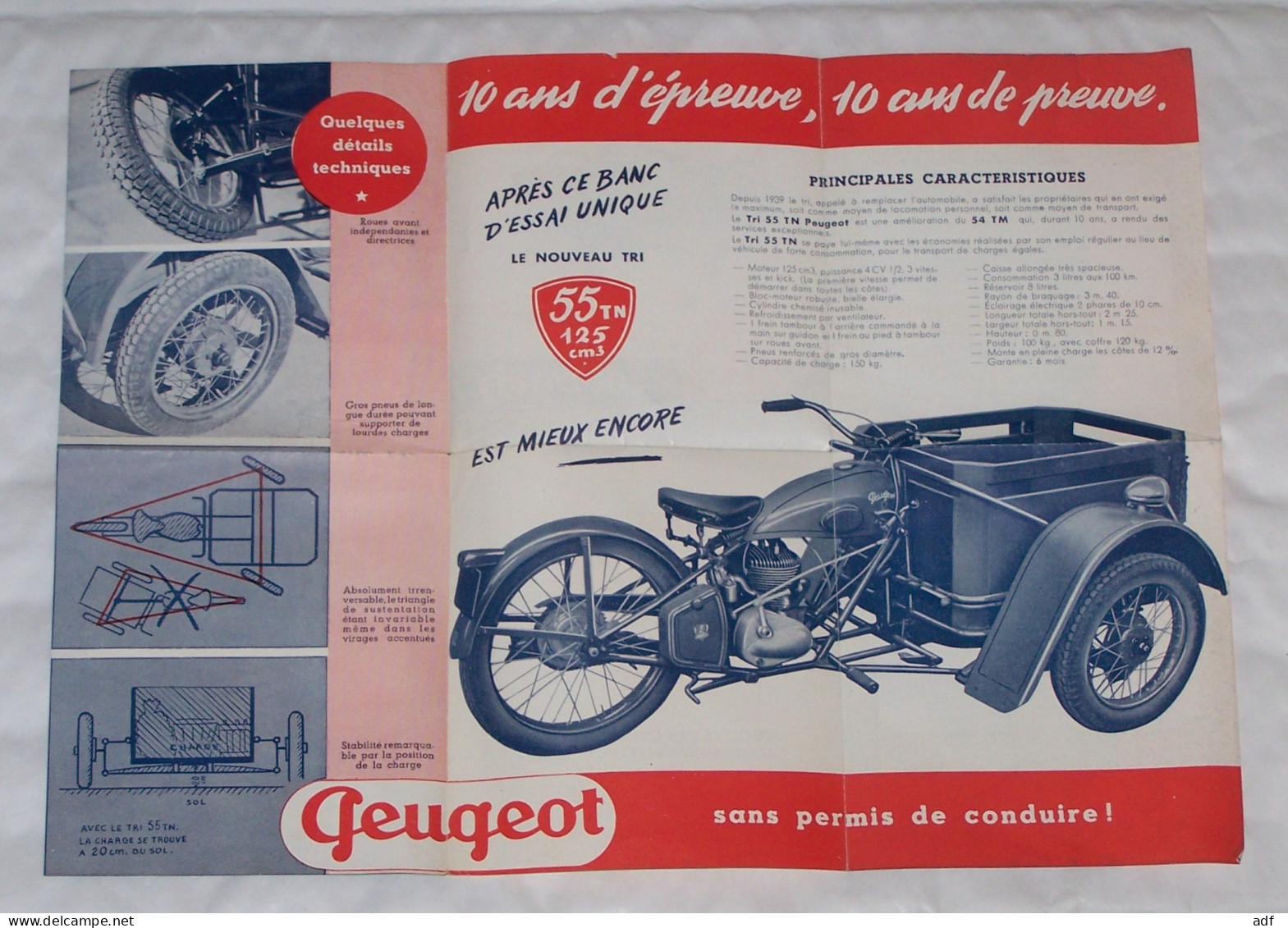 DEPLIANT PUB PUBLICITAIRE TRI PEUGEOT, TRIPORTEUR TRIMOTEUR 55 TN 125 CM3, MOTO, MOTOCYCLETTE - Moto