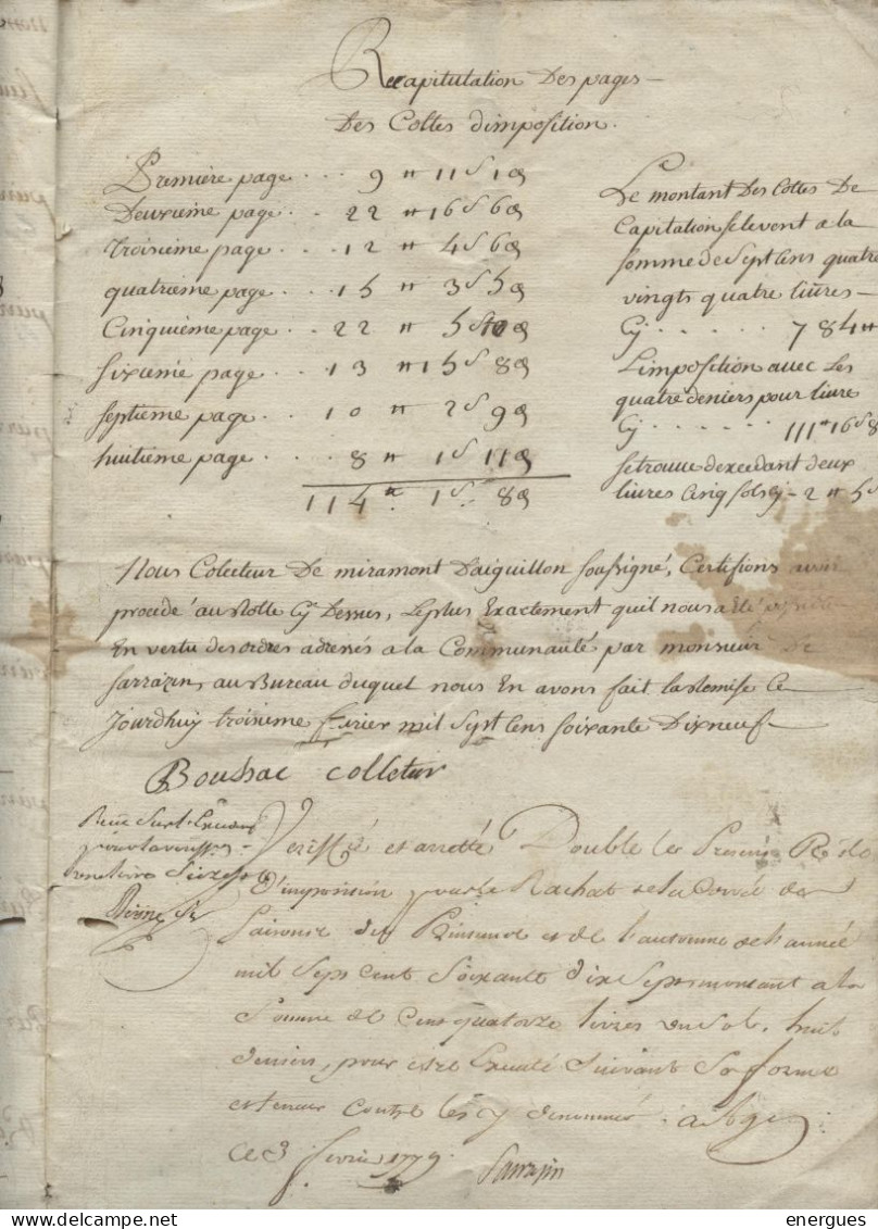 Miramont D'Aiguillon, Lagarrigue,Port Sainte Marie,Aiguillon, 1779, Imposition Corvées,capitation, 94 Contribuables, 10p - Documents Historiques