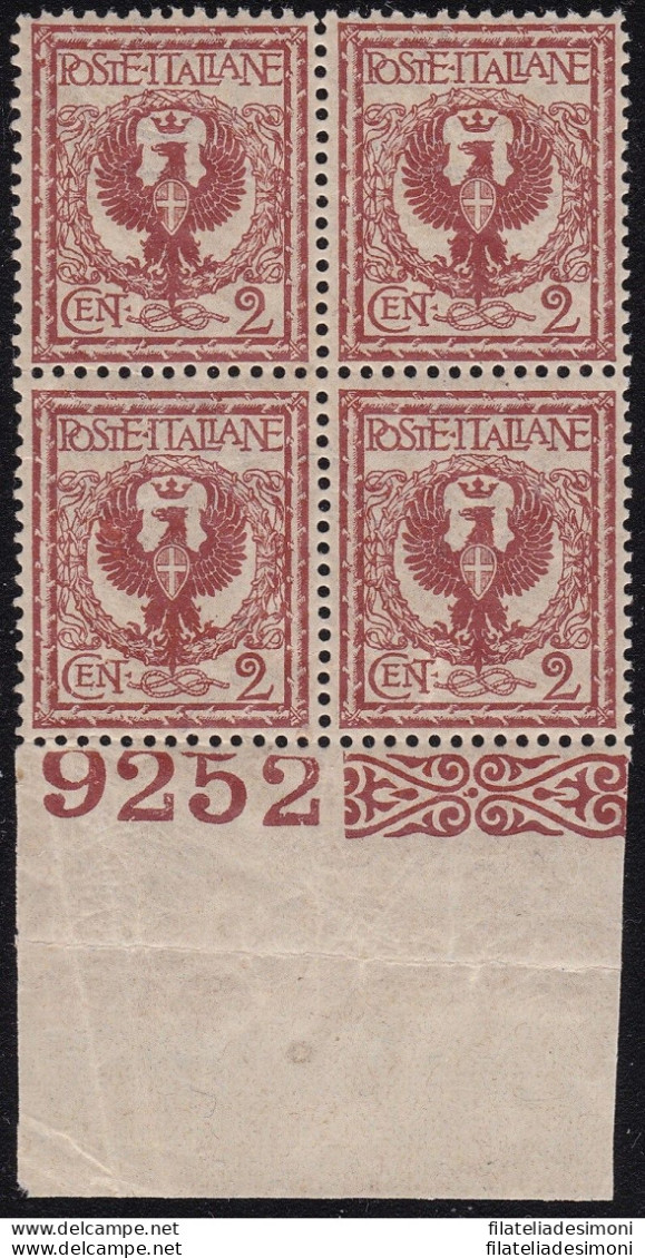 1901 Italia - Regno, N° 69  MNH** QUARTINA NUMERO DI TAVOLA 9252 - Sonstige & Ohne Zuordnung