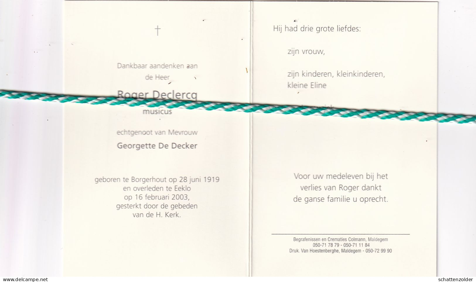 Roger Declercq-De Decker, Borgerhout 1919, Eeklo 2003. Muzikant, Musicus. Foto - Décès