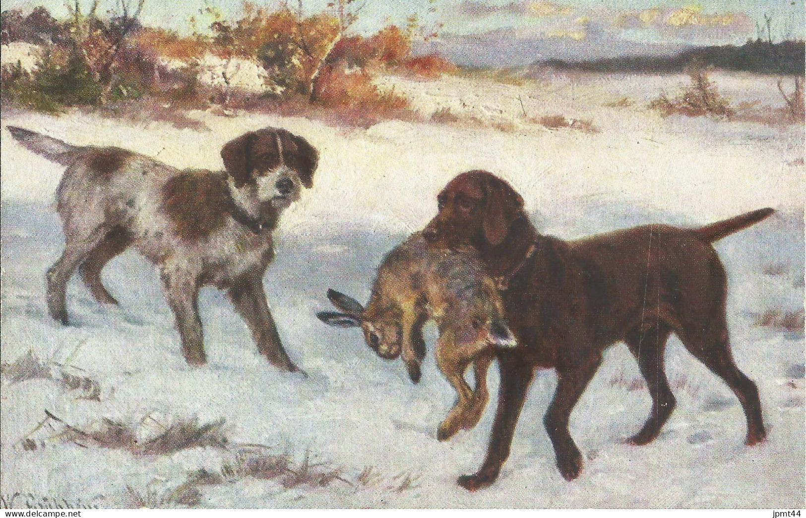 Chasse , 2  Chien, Lièvre .  / Jâgd,, 2 Hunde,hase. - Jagd