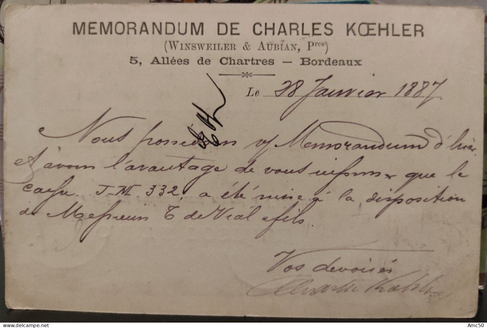 33 / BORDEAUX CPA 1887 RARE CARTE MEMORANDUM DE CHARLES KOEHLER / 5 ALLEES DE CHARTRES - Other & Unclassified