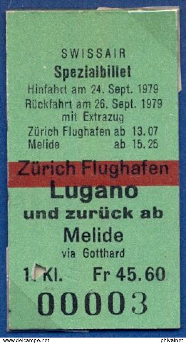 SWISSAIR SPEZIALBILLET , ZÜRICH FLUGHAFEN - LUGANO , Nº 3  , TICKET DE FERROCARRIL , TREN , TRAIN , RAILWAYS - Europe