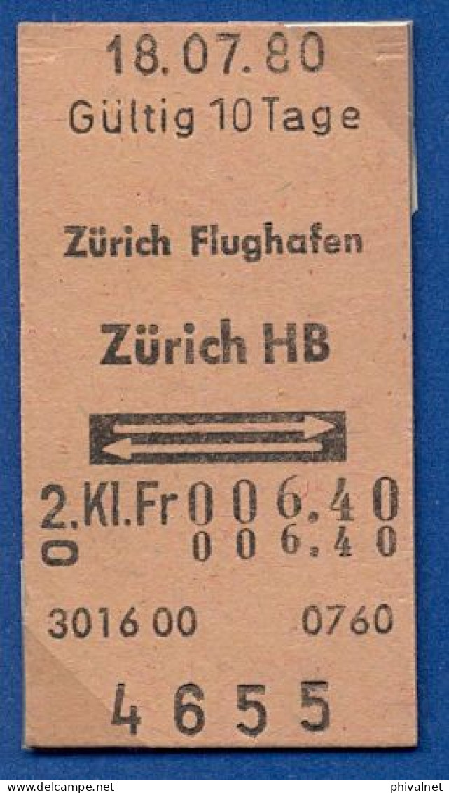 18/07/80 , ZÜRICH FLUGHAFEN - ZÜRICH , TICKET DE FERROCARRIL , TREN , TRAIN , RAILWAYS - Europe