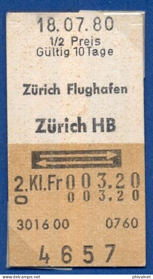 18/07/80 , ZÜRICH FLUGHAFEN - ZÜRICH , TICKET DE FERROCARRIL , TREN , TRAIN , RAILWAYS - Europe