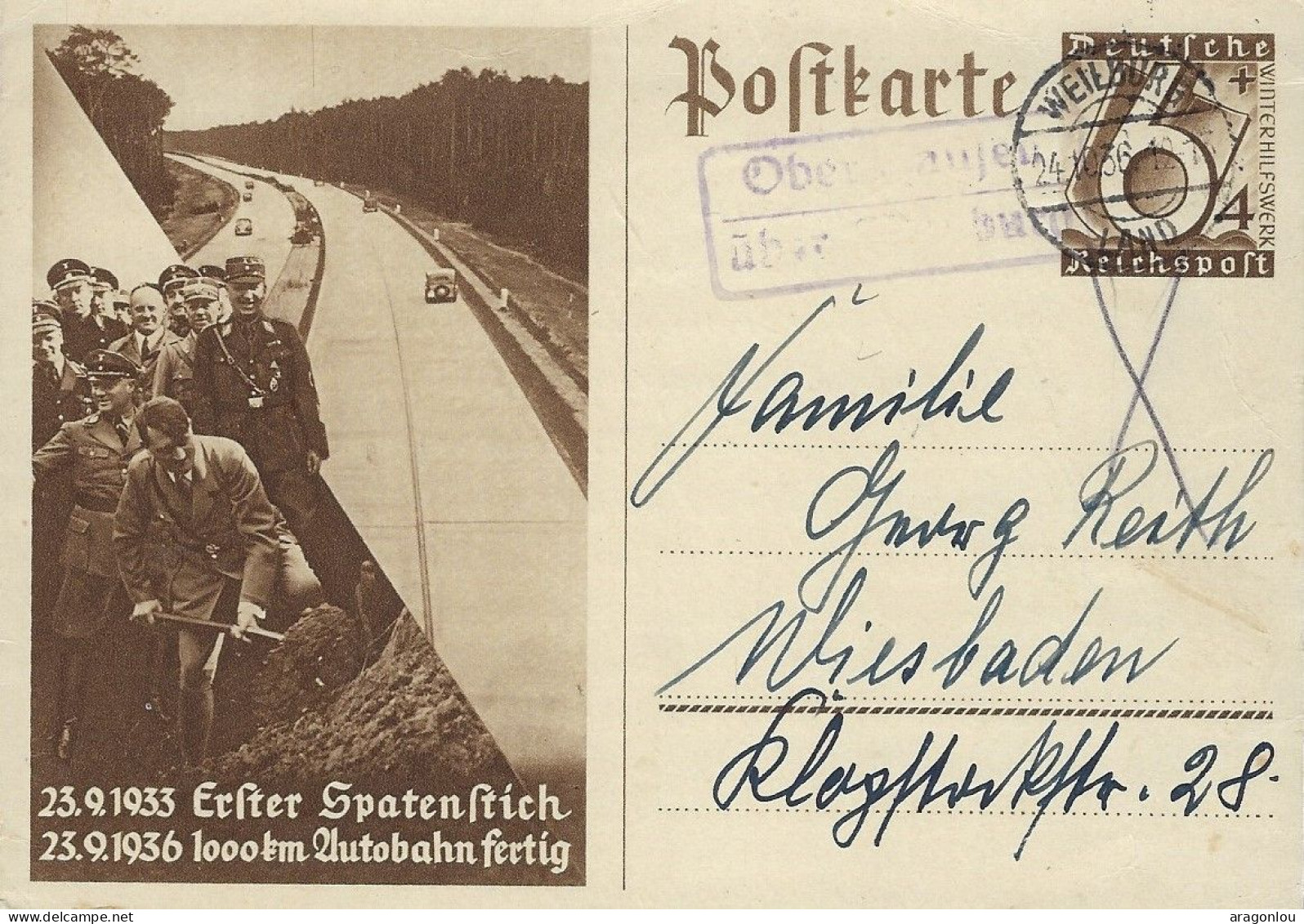 Europa - Deutschland-Drittes Reich - Postkarte  -    1933  Erster Spatenstich - 1936 1000 Km  Autobahn Fertig - Weltkrieg 1939-45